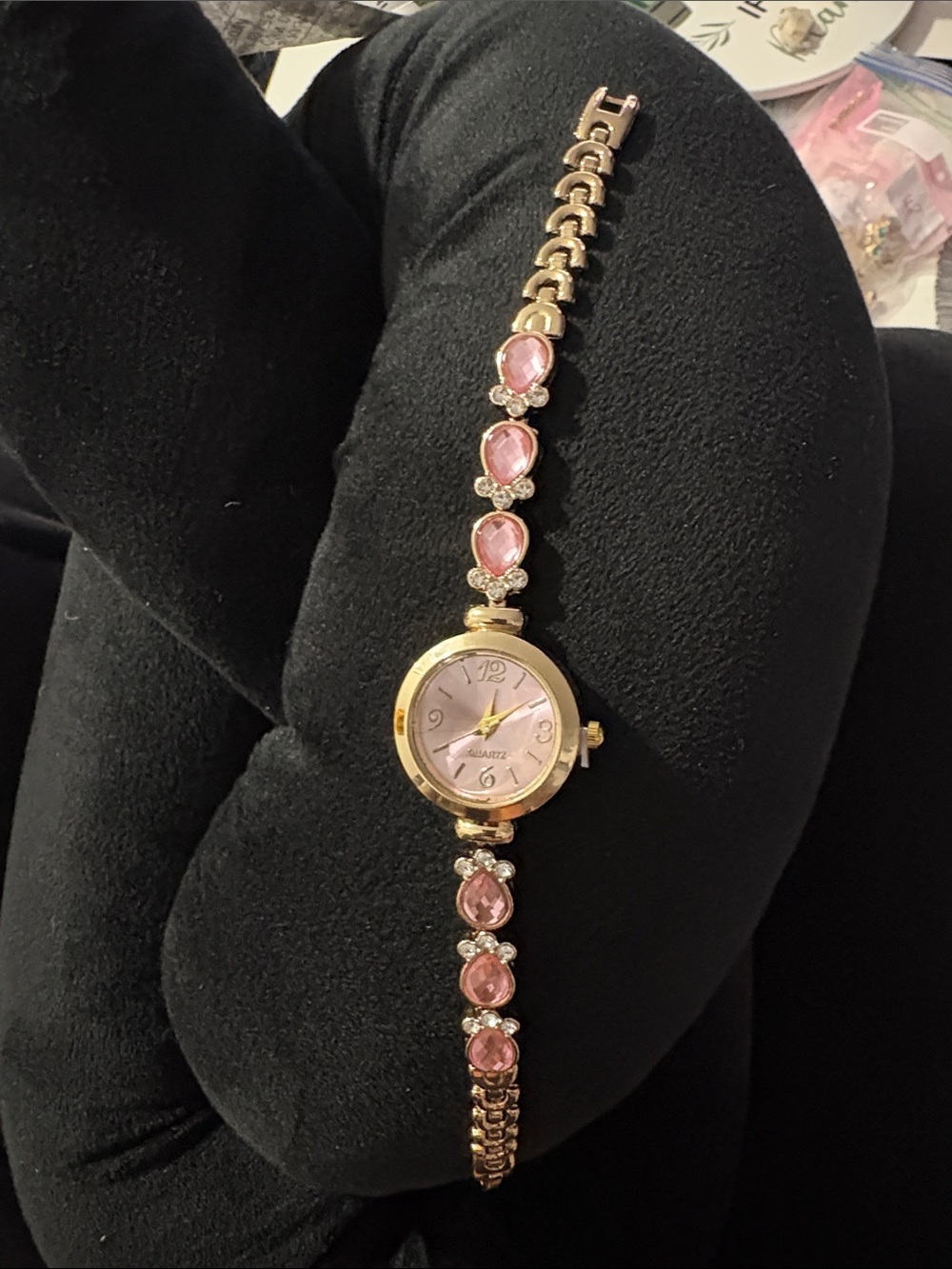 Women’s Pink Crystal Gold-Tone Quartz Bracelet Watch